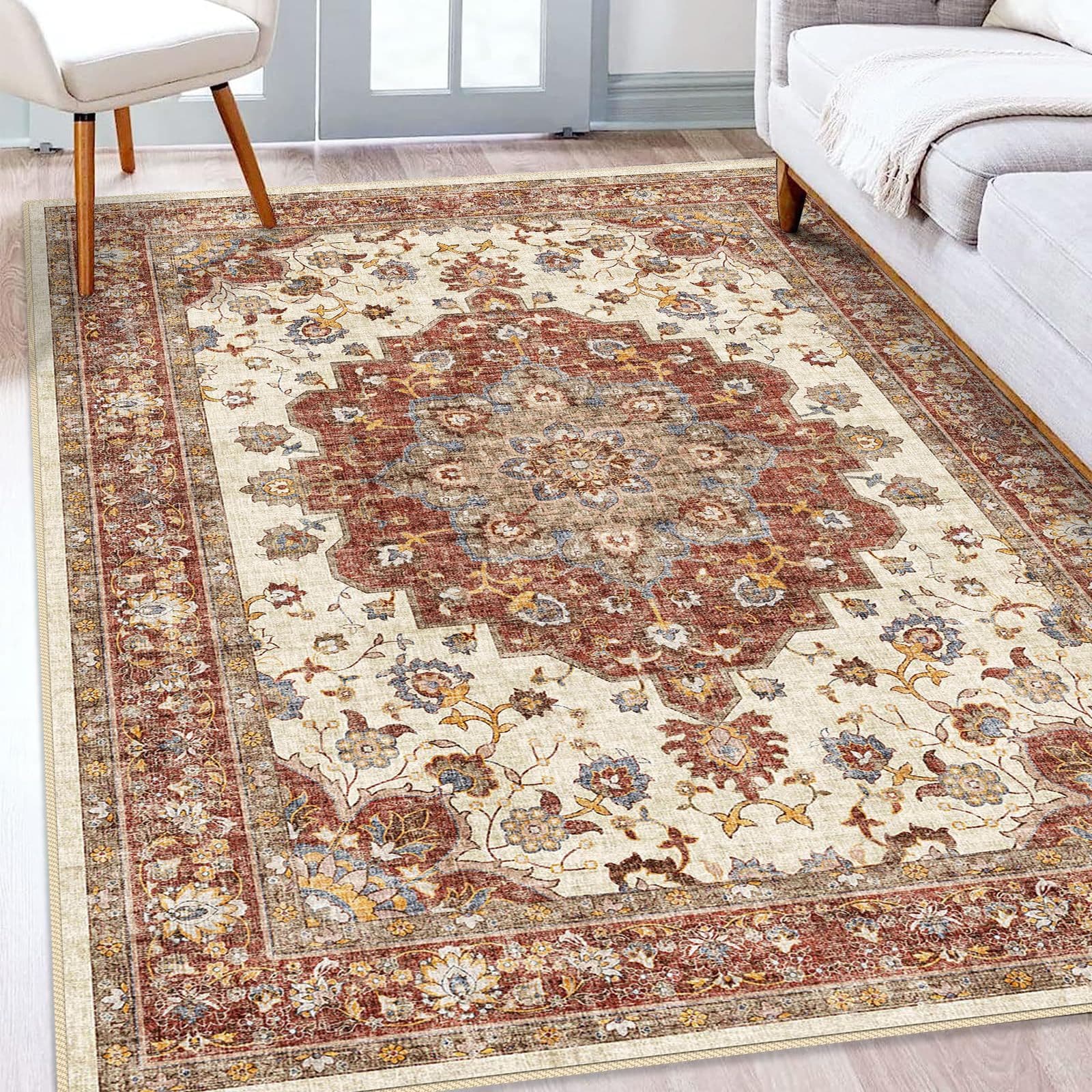 Vintage-Style Red and Blue Oriental Area Rug