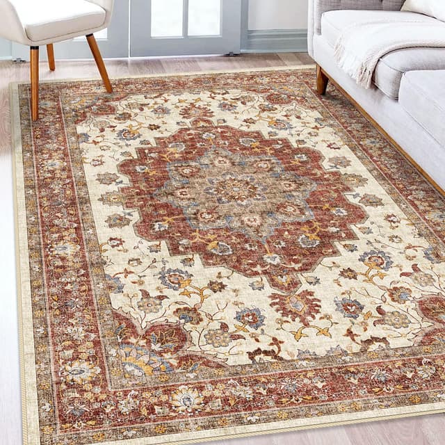 Vintage-Style Red and Blue Oriental Area Rug