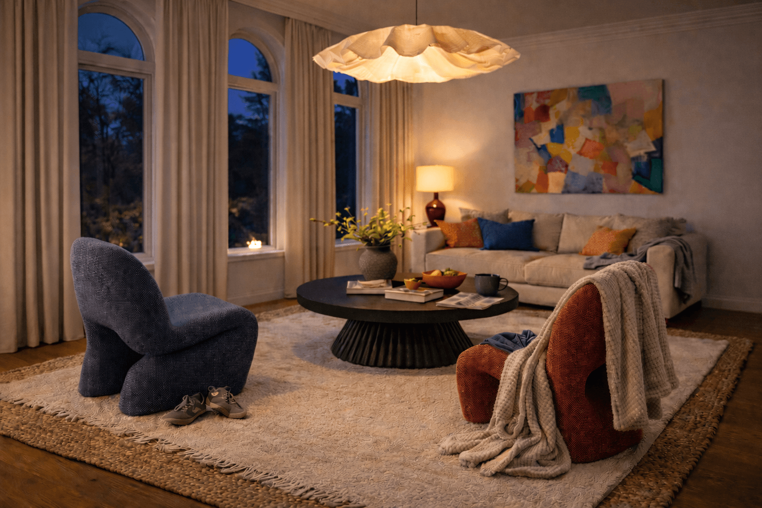 living room with sculptural chairs and lighting