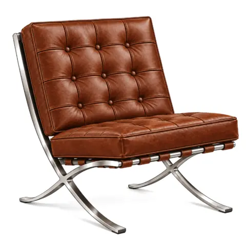 Tufted brown leather chair on a chrome X frame, the dupe