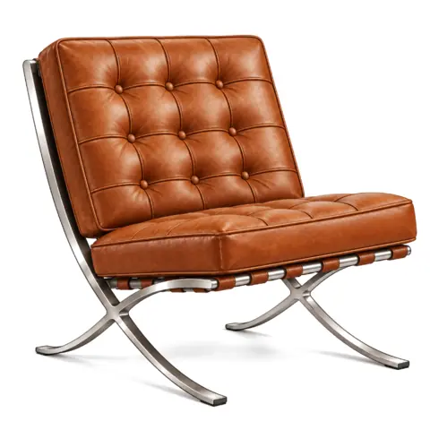 Tufted cognac leather chair on a chrome X frame, the original