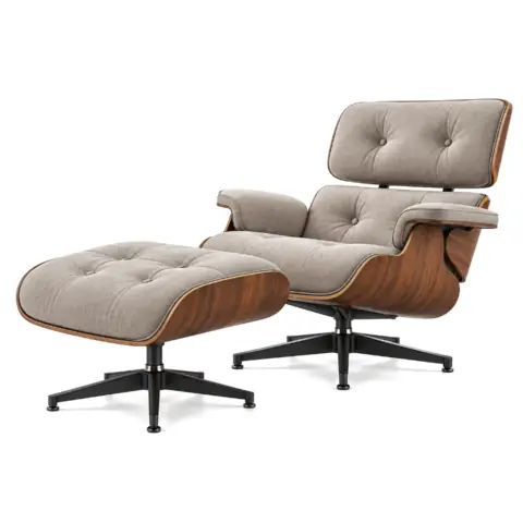 Grey fabric lounge chair and ottoman, the dupe