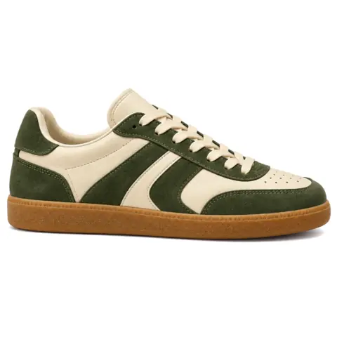 Cream sneaker with dark green suede panels, the original