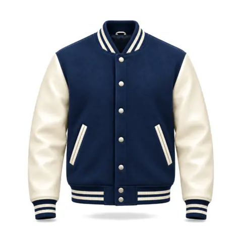 Navy varsity jacket with cream sleeves, the dupe