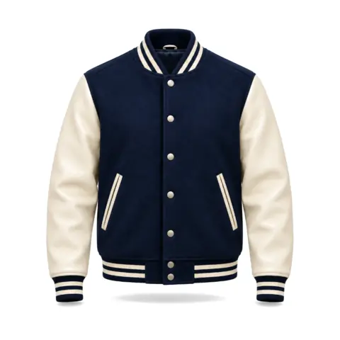Navy varsity jacket with cream sleeves, the original