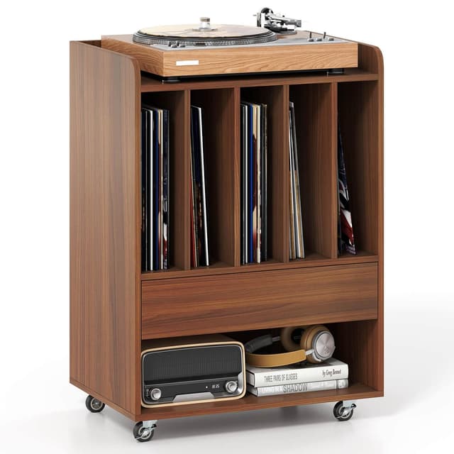 Costway Mobile Record Player Stand with Vinyl Storage Shelves and Dividers