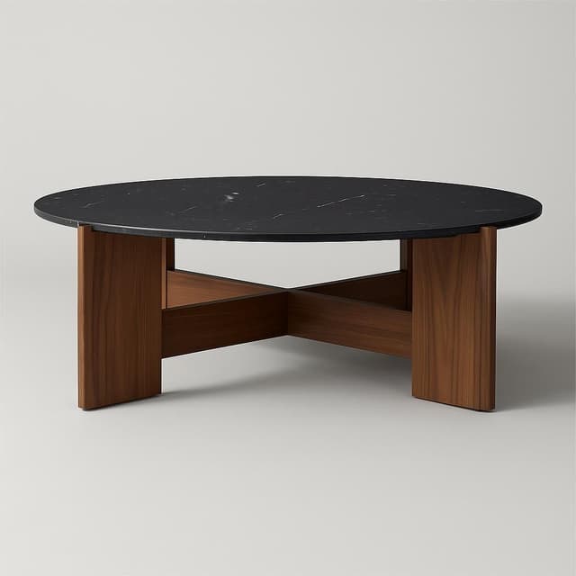 CB2 Tule 47" Round Black Marble and Walnut Wood Coffee Table